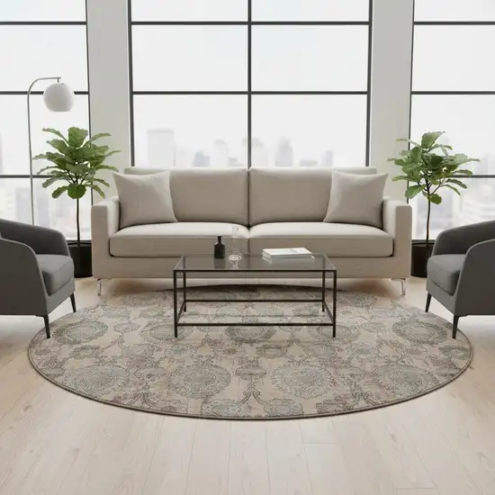 8' Coral Green And Gray Damask Washable Round Rug With UV Protection Photo 2