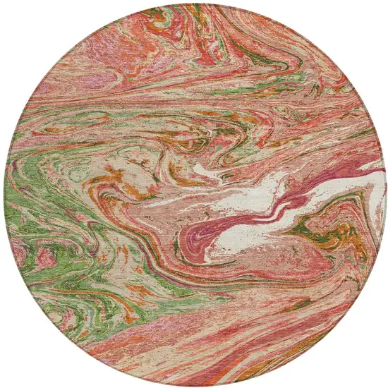 8' Coral Green And Ivory Round Abstract Washable Indoor Outdoor Area Rug Photo 6