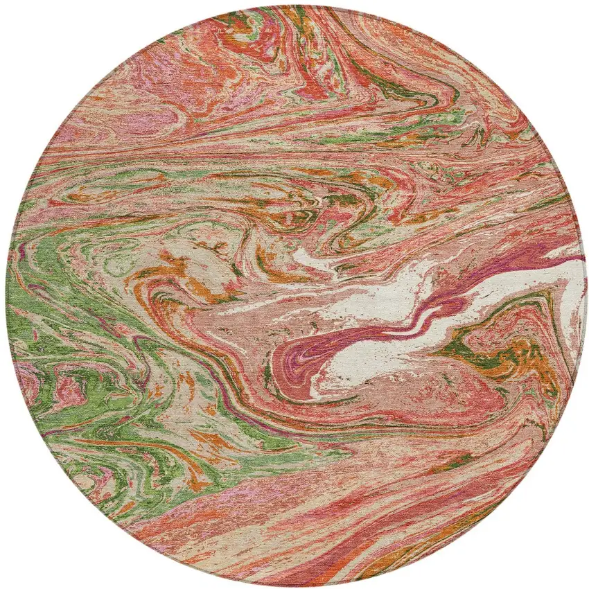 8' Coral Green And Ivory Round Abstract Washable Indoor Outdoor Area Rug Photo 6