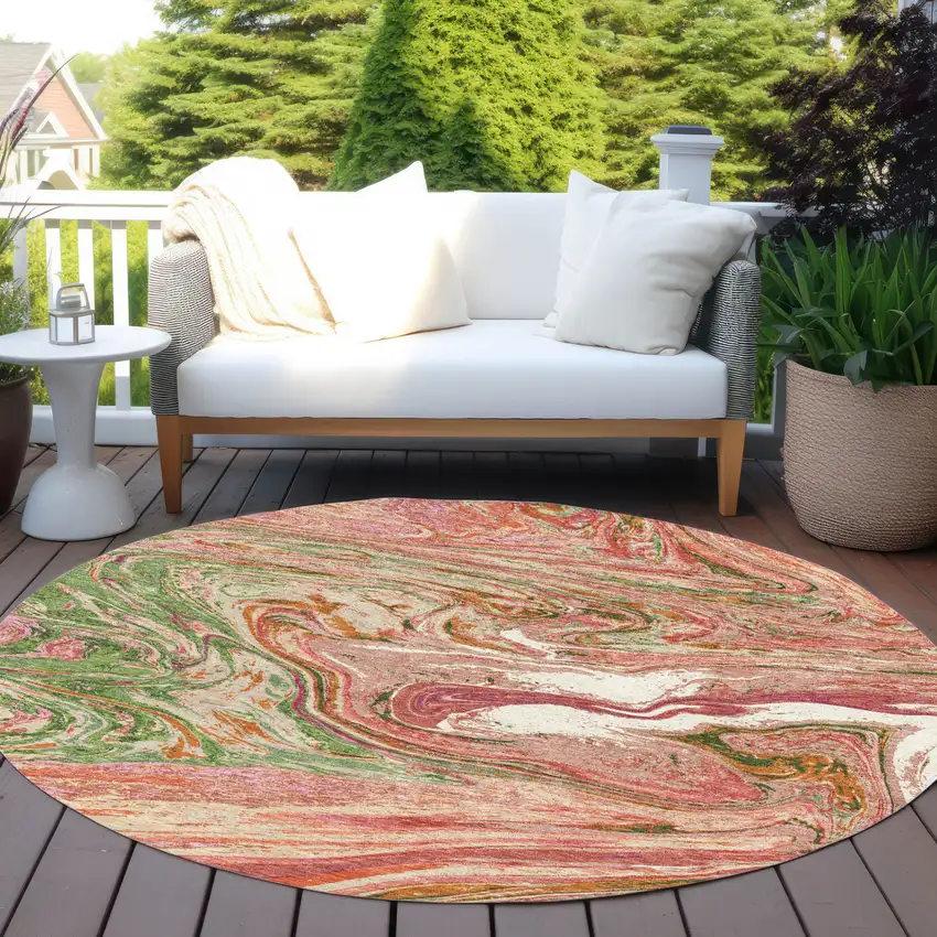 8' Coral Green And Ivory Round Abstract Washable Indoor Outdoor Area Rug Photo 8