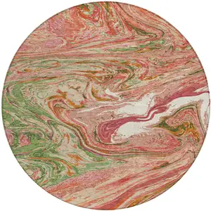 Photo of 8' Coral Green And Ivory Round Abstract Washable Indoor Outdoor Area Rug
