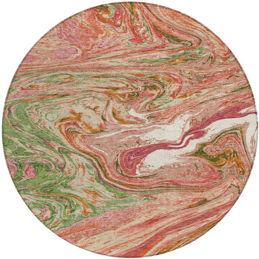 8' Coral Green And Ivory Round Abstract Washable Indoor Outdoor Area Rug Photo 2