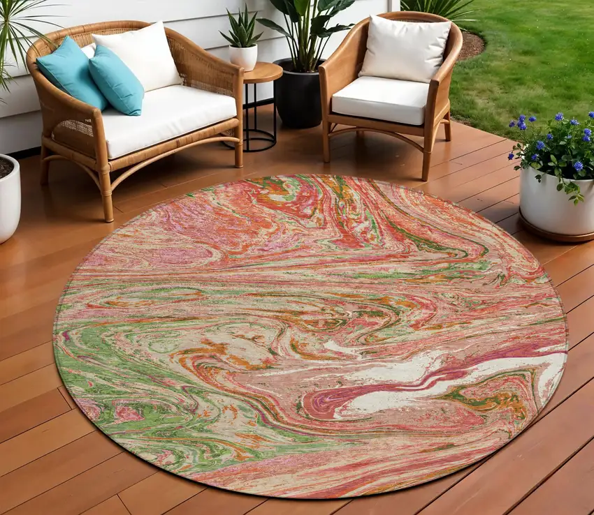 8' Coral Green And Ivory Round Abstract Washable Indoor Outdoor Area Rug Photo 1