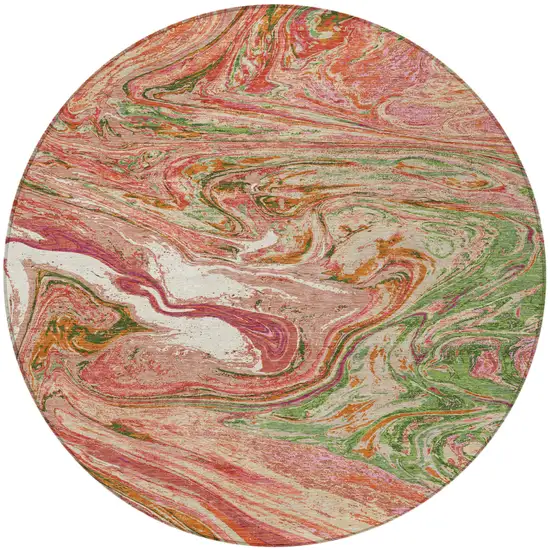 8' Coral Green And Ivory Round Abstract Washable Indoor Outdoor Area Rug Photo 7