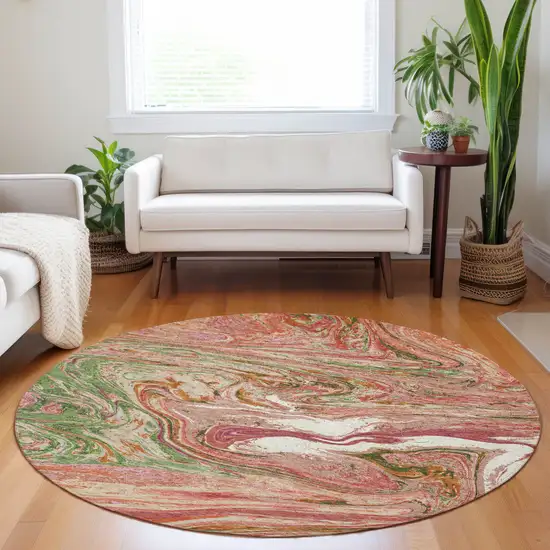 8' Coral Green And Ivory Round Abstract Washable Indoor Outdoor Area Rug Photo 9