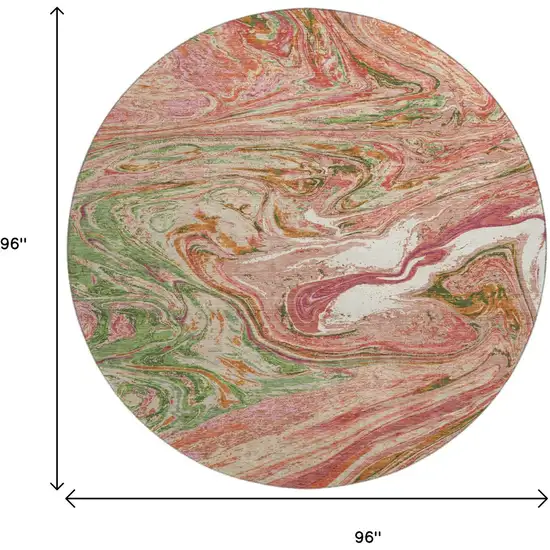 8' Coral Green And Peach Abstract Washable Round Rug With UV Protection Photo 9