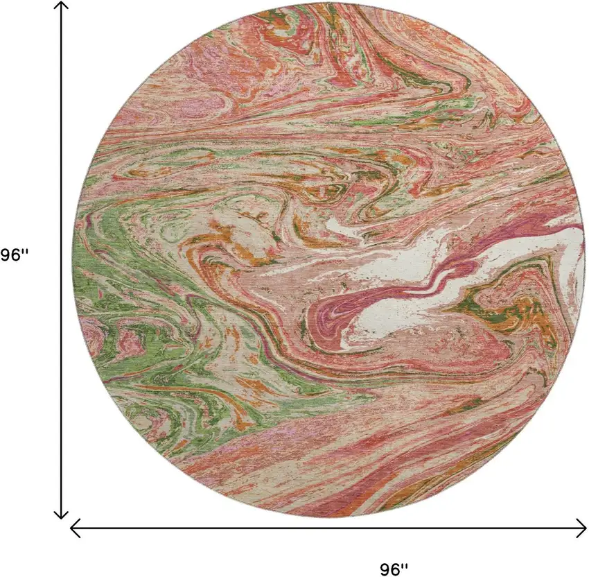 8' Coral Green And Peach Abstract Washable Round Rug With UV Protection Photo 9