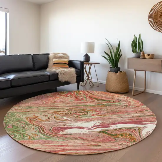 8' Coral Green And Peach Abstract Washable Round Rug With UV Protection Photo 4