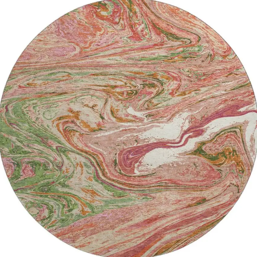 8' Coral Green And Peach Abstract Washable Round Rug With UV Protection Photo 3
