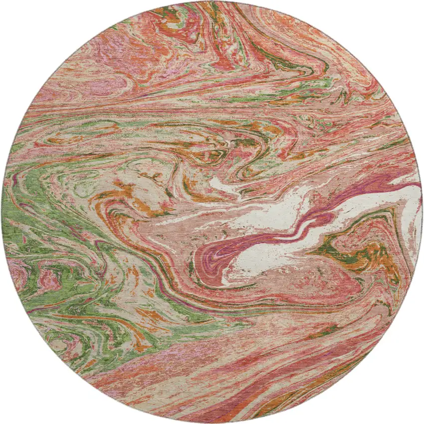 8' Coral Green And Peach Abstract Washable Round Rug With UV Protection Photo 1