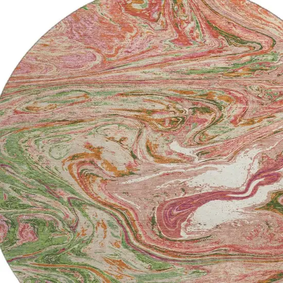 8' Coral Green And Peach Abstract Washable Round Rug With UV Protection Photo 2