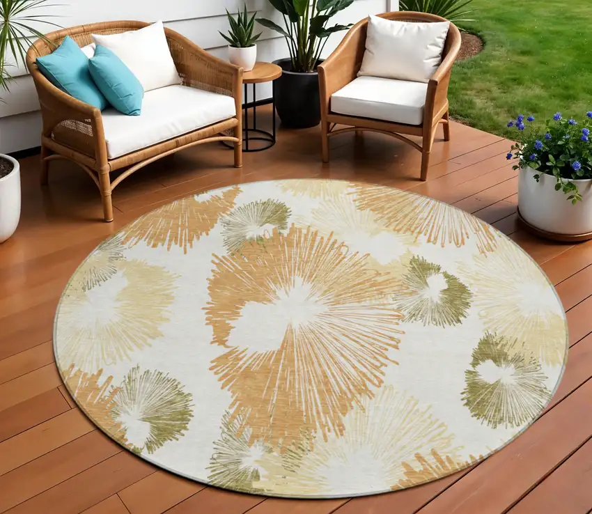 8' Coral Ivory And Beige Round Floral Washable Indoor Outdoor Area Rug Photo 2