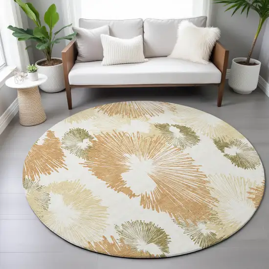 8' Coral Ivory And Beige Round Floral Washable Indoor Outdoor Area Rug Photo 9