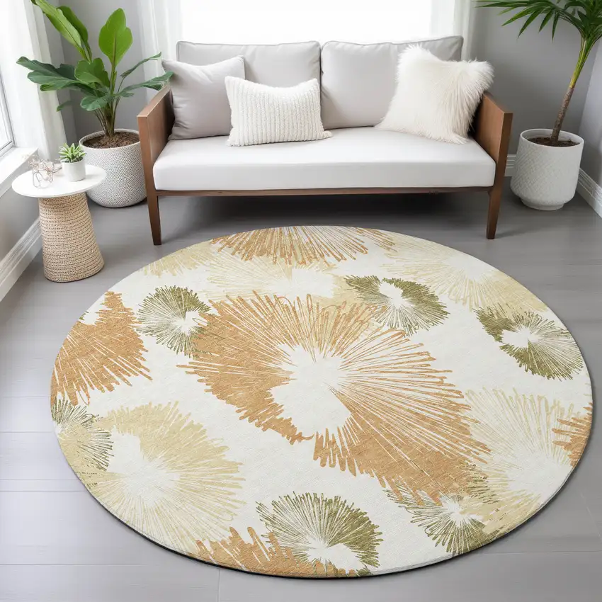 8' Coral Ivory And Beige Round Floral Washable Indoor Outdoor Area Rug Photo 9