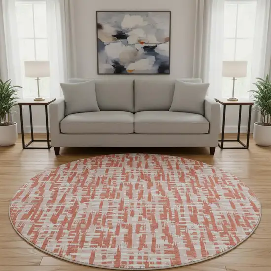 8' Coral Ivory And Blush Abstract Geometric Washable Round Rug With UV Protection Photo 2