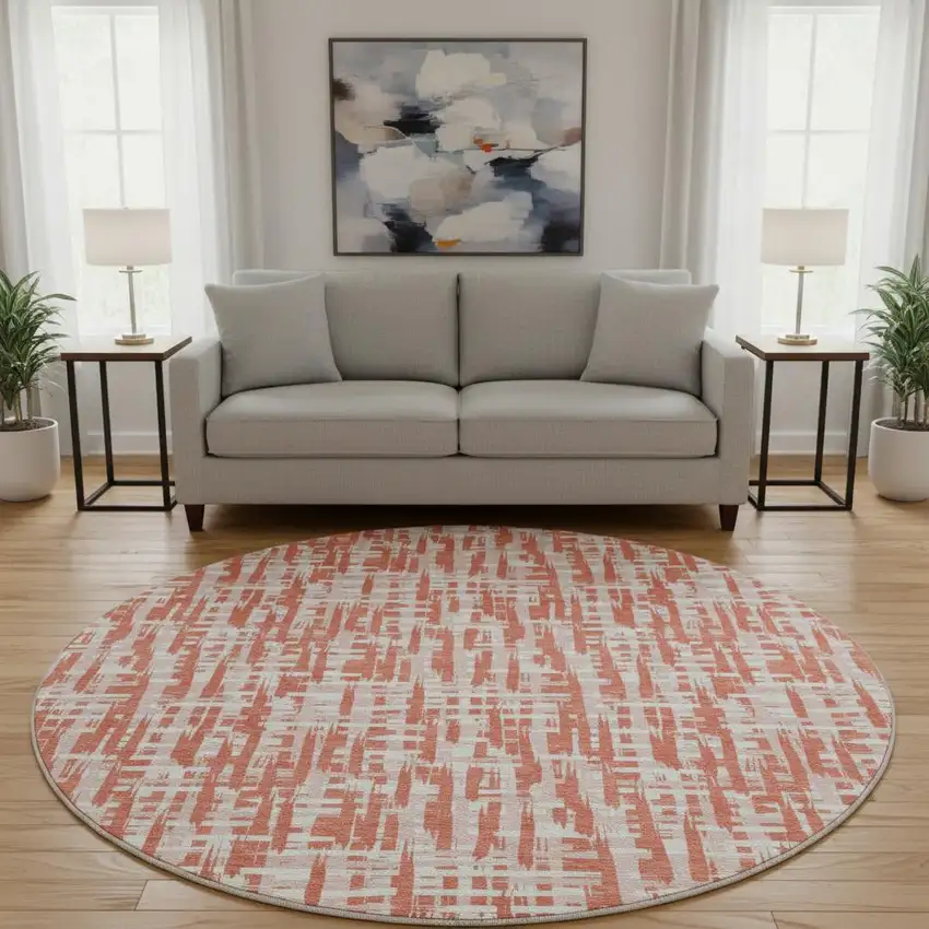 8' Coral Ivory And Blush Abstract Geometric Washable Round Rug With UV Protection Photo 2