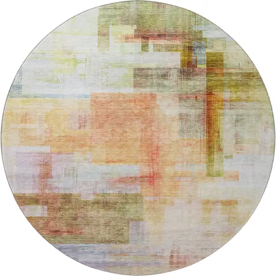 8' Coral Ivory And Gold Abstract Geometric Washable Round Rug With UV Protection Photo 3