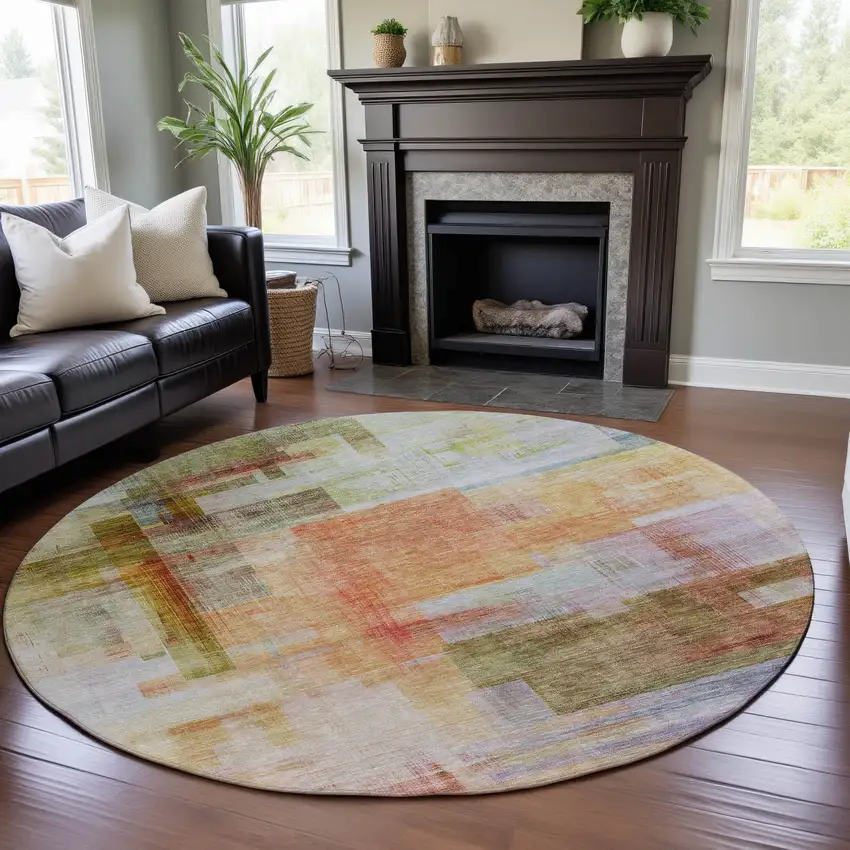 8' Coral Ivory And Gold Abstract Geometric Washable Round Rug With UV Protection Photo 5