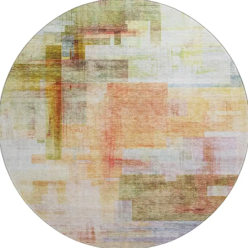 8' Coral Ivory And Gold Abstract Geometric Washable Round Rug With UV Protection Photo 2