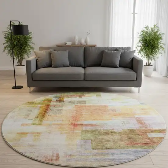 8' Coral Ivory And Gold Abstract Geometric Washable Round Rug With UV Protection Photo 2