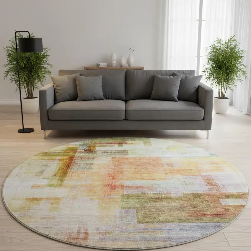 8' Coral Ivory And Gold Abstract Geometric Washable Round Rug With UV Protection Photo 2