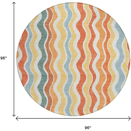 8' Coral Ivory And Gold Round Striped Washable Indoor Outdoor Area Rug Photo 3