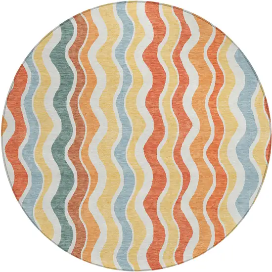 8' Coral Ivory And Gold Round Striped Washable Indoor Outdoor Area Rug Photo 2