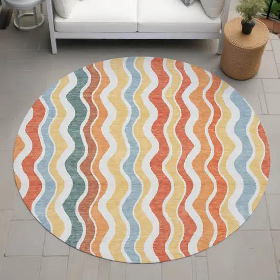 8' Coral Ivory And Gold Round Striped Washable Indoor Outdoor Area Rug Photo 8
