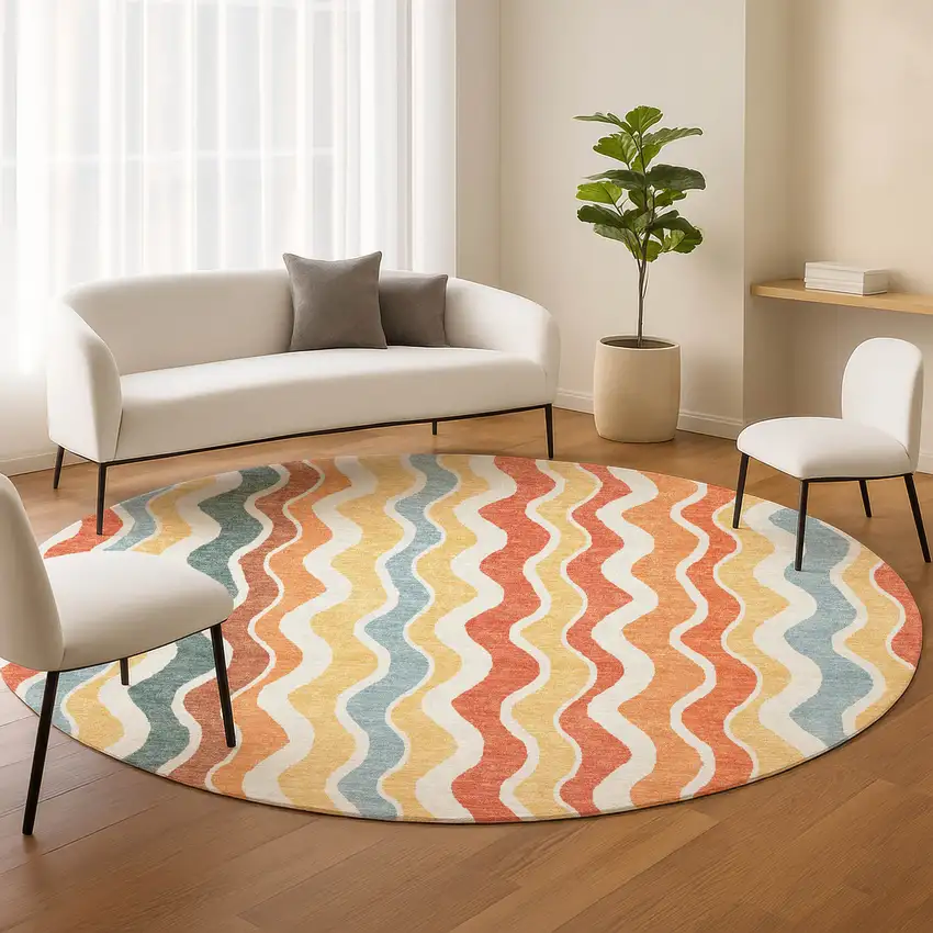 8' Coral Ivory And Gold Round Striped Washable Indoor Outdoor Area Rug Photo 9