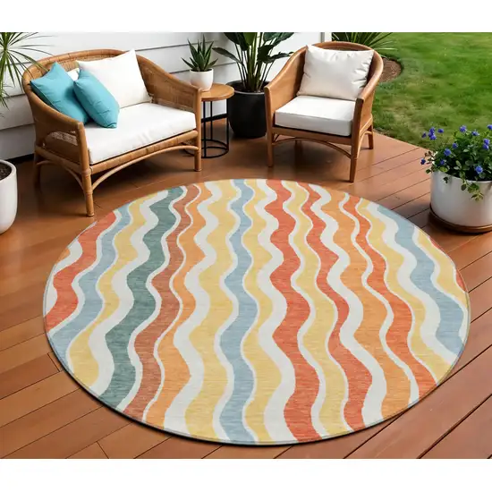 8' Coral Ivory And Gold Round Striped Washable Indoor Outdoor Area Rug Photo 1