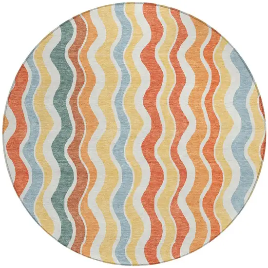 8' Coral Ivory And Gold Round Striped Washable Indoor Outdoor Area Rug Photo 4