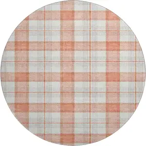 Photo of 8' Coral Ivory And Gray Plaid Washable Round Rug With UV Protection
