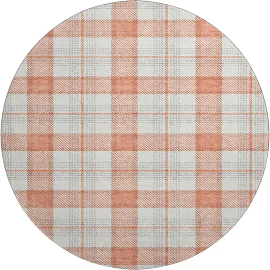 8' Coral Ivory And Gray Plaid Washable Round Rug With UV Protection Photo 1