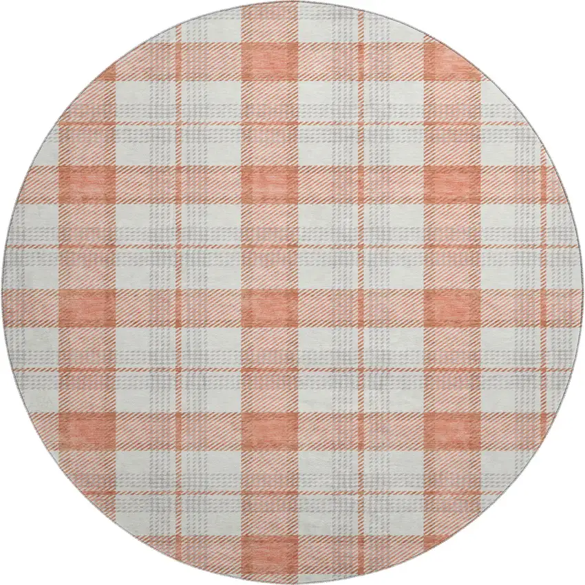 8' Coral Ivory And Gray Plaid Washable Round Rug With UV Protection Photo 1