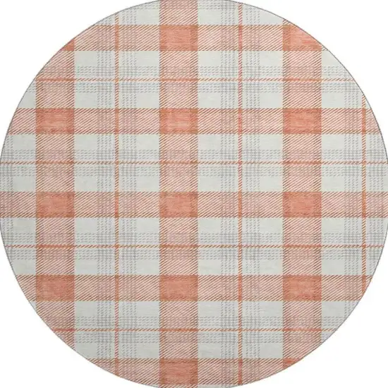 8' Coral Ivory And Gray Plaid Washable Round Rug With UV Protection Photo 3