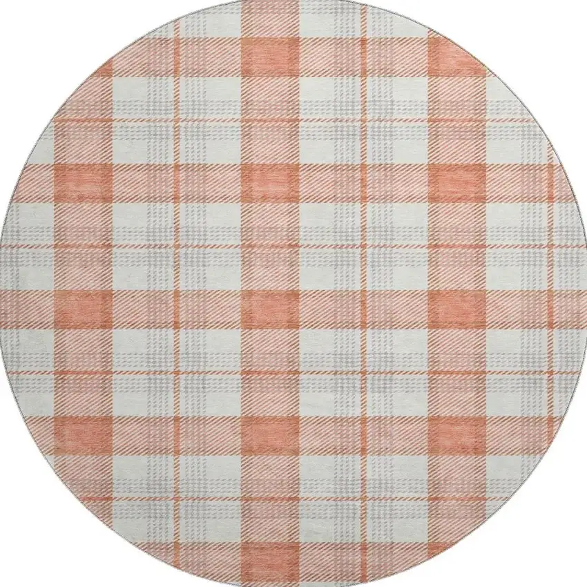8' Coral Ivory And Gray Plaid Washable Round Rug With UV Protection Photo 3