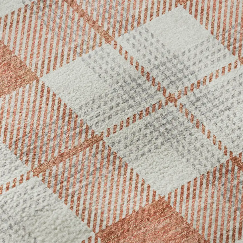 8' Coral Ivory And Gray Plaid Washable Round Rug With UV Protection Photo 8