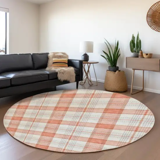 8' Coral Ivory And Gray Plaid Washable Round Rug With UV Protection Photo 4