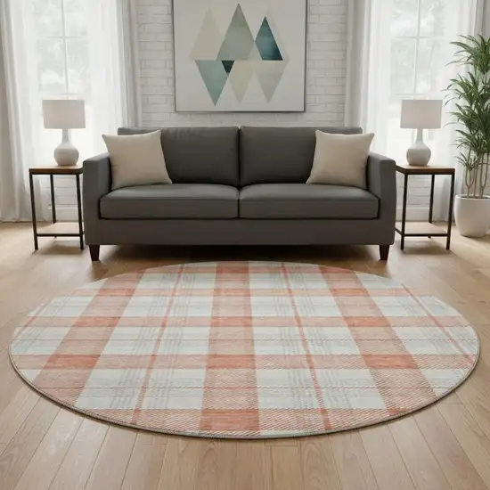 8' Coral Ivory And Gray Plaid Washable Round Rug With UV Protection Photo 2