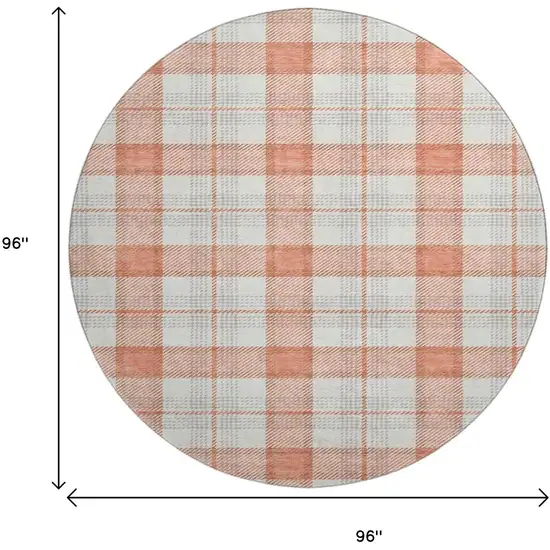 8' Coral Ivory And Gray Plaid Washable Round Rug With UV Protection Photo 9