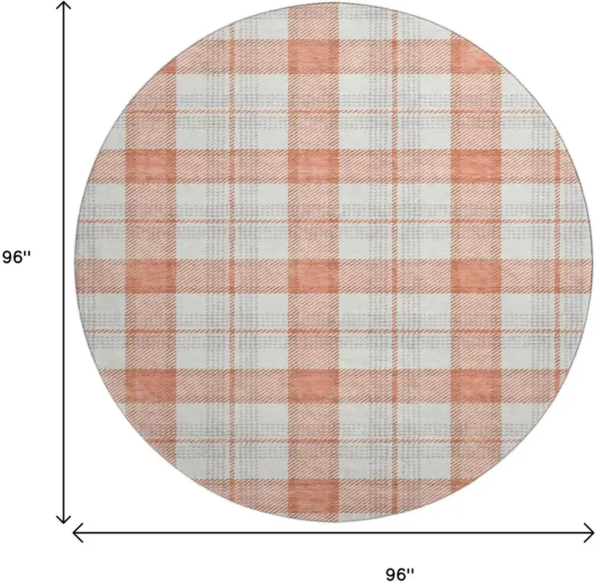 8' Coral Ivory And Gray Plaid Washable Round Rug With UV Protection Photo 9