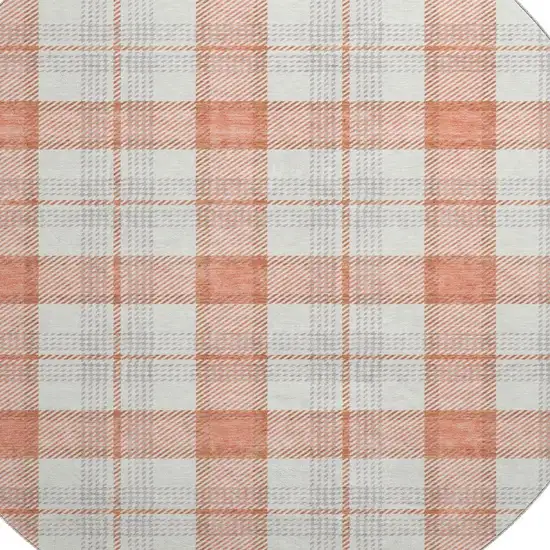 8' Coral Ivory And Gray Plaid Washable Round Rug With UV Protection Photo 3