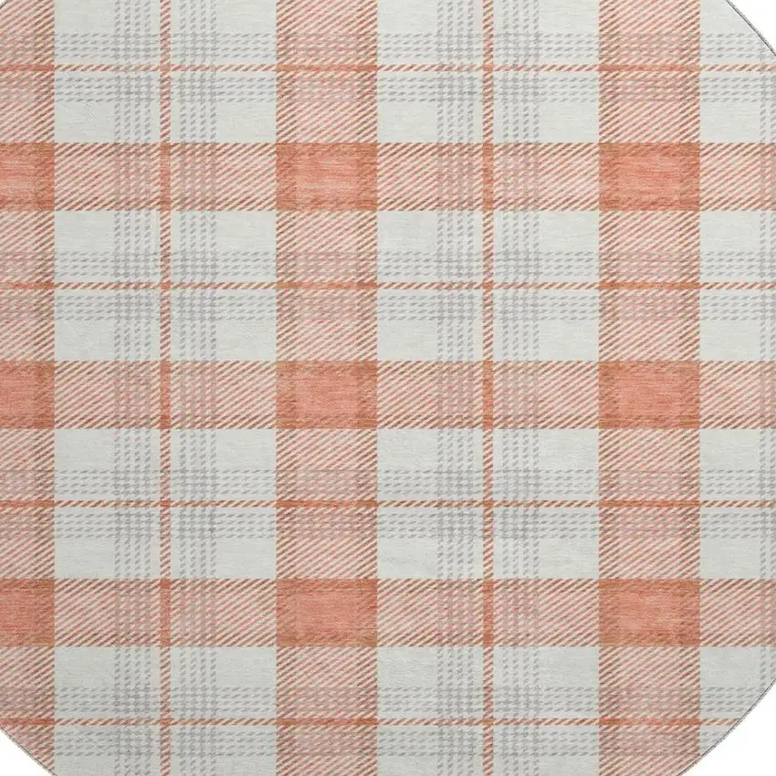 8' Coral Ivory And Gray Plaid Washable Round Rug With UV Protection Photo 3