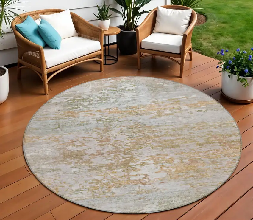 8' Coral Ivory And Gray Round Abstract Washable Indoor Outdoor Area Rug Photo 2