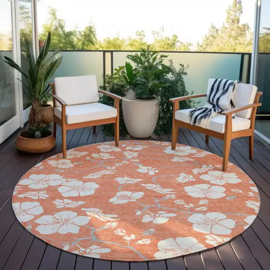 8' Coral Ivory And Gray Round Floral Washable Indoor Outdoor Area Rug Photo 7