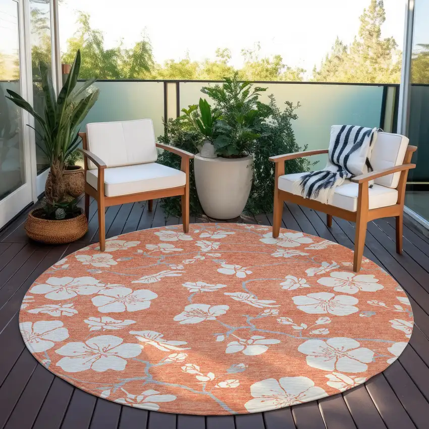 8' Coral Ivory And Gray Round Floral Washable Indoor Outdoor Area Rug Photo 7
