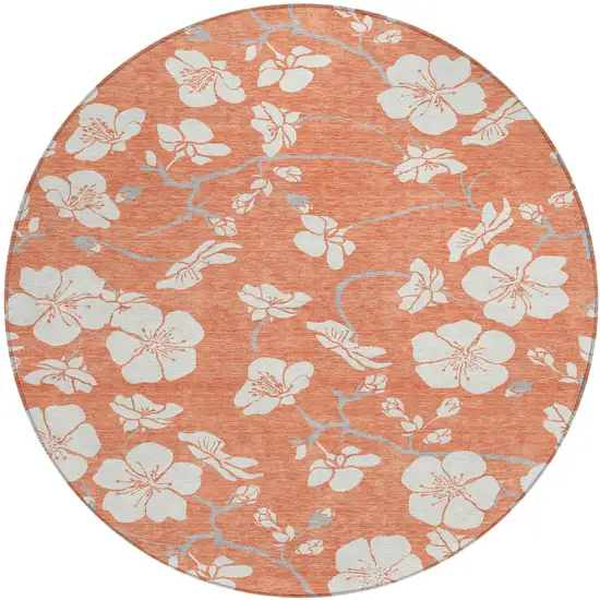 8' Coral Ivory And Gray Round Floral Washable Indoor Outdoor Area Rug Photo 2