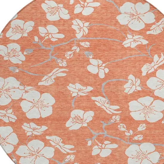 8' Coral Ivory And Gray Round Floral Washable Indoor Outdoor Area Rug Photo 5