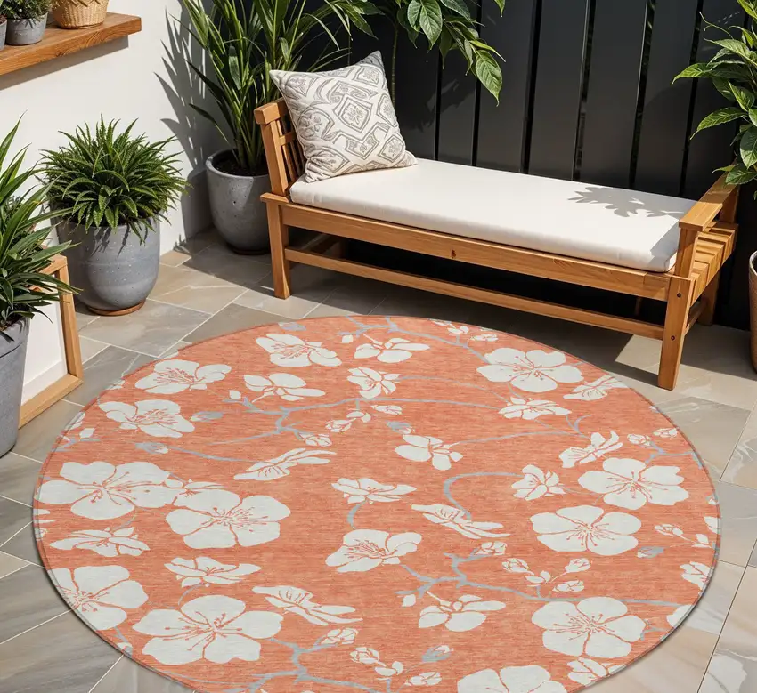 8' Coral Ivory And Gray Round Floral Washable Indoor Outdoor Area Rug Photo 1