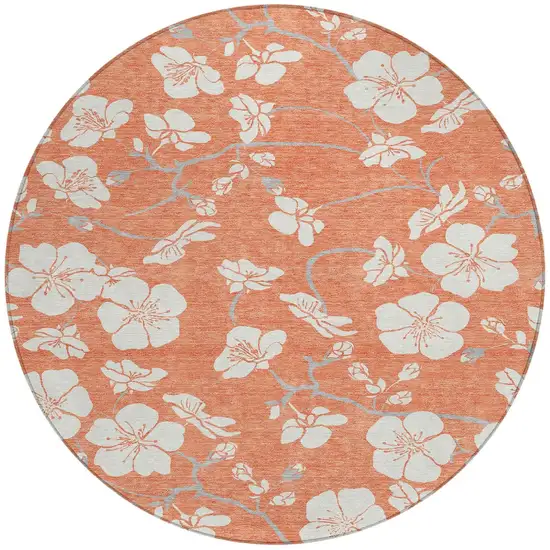 8' Coral Ivory And Gray Round Floral Washable Indoor Outdoor Area Rug Photo 6